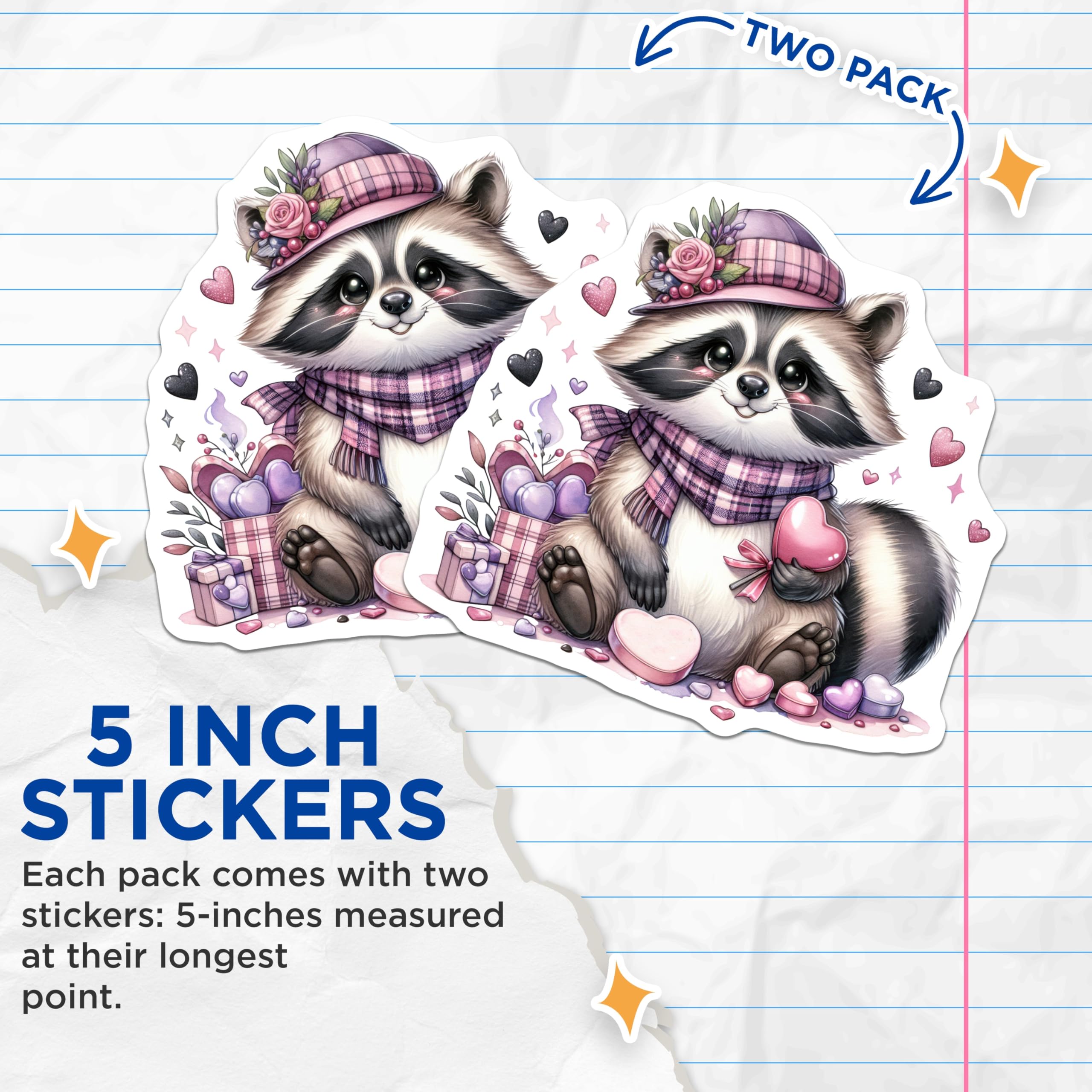 (2 Pack) Cute Raccoon Stickers - Valentine Animal - Sweet Heart Decor - 5" On Longest Side - Sticks to Smooth Flat Surfaces - Made in USA - BMCS20300