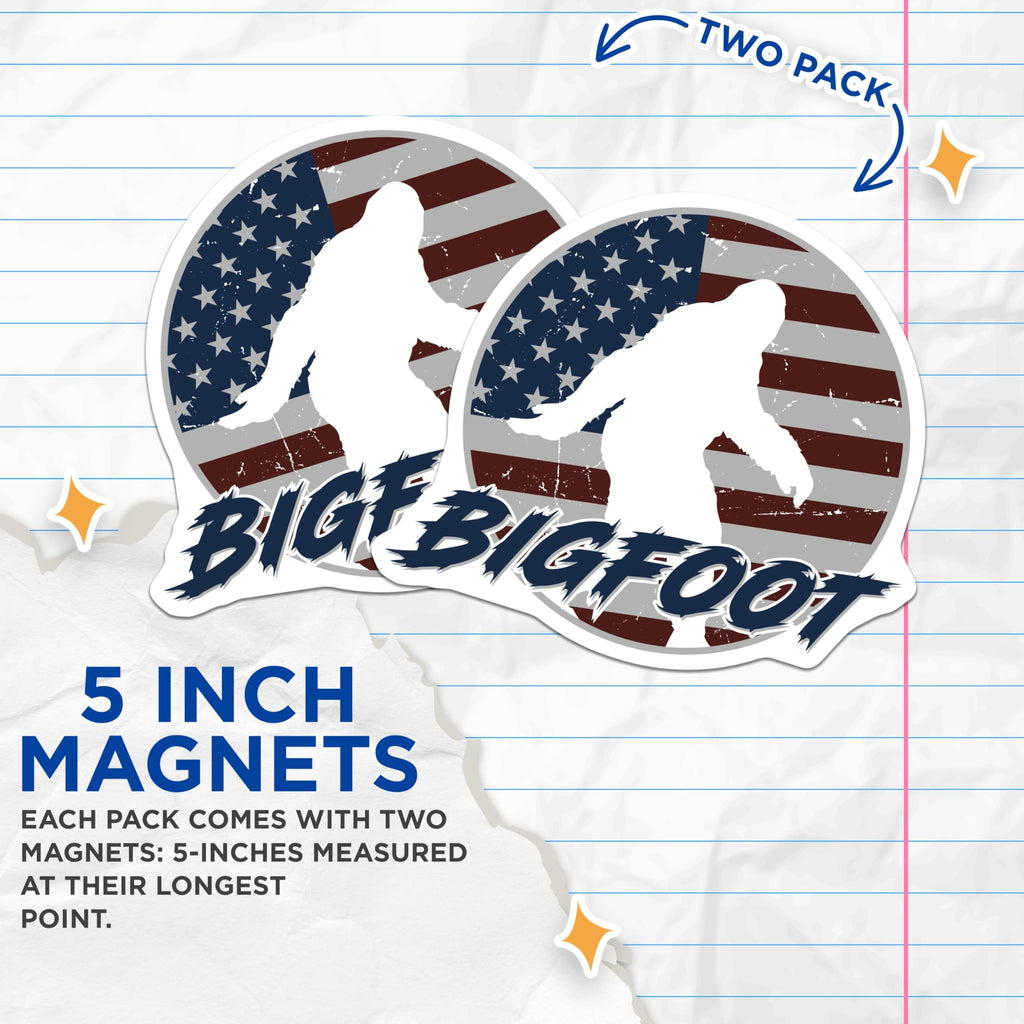 (2 Pack) Bigfoot Magnets - American Flag Sasquatch - Patriotic Cryptozoology Decor - 5 Inches On Longest Side - Thick Durable Magnet - Made in USA - MAG19251