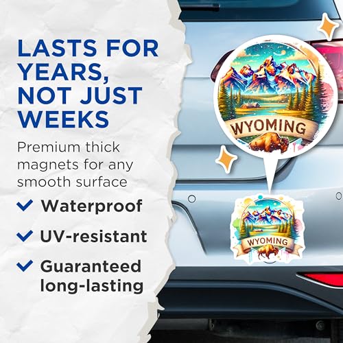 (2 Pack) Wyoming Magnets - Mountain Landscape Artwork - Nature Scene Refrigerator Magnets - 5" On Longest Side - for Cars, Fridges, Toolboxes - Made in USA - MAG6629