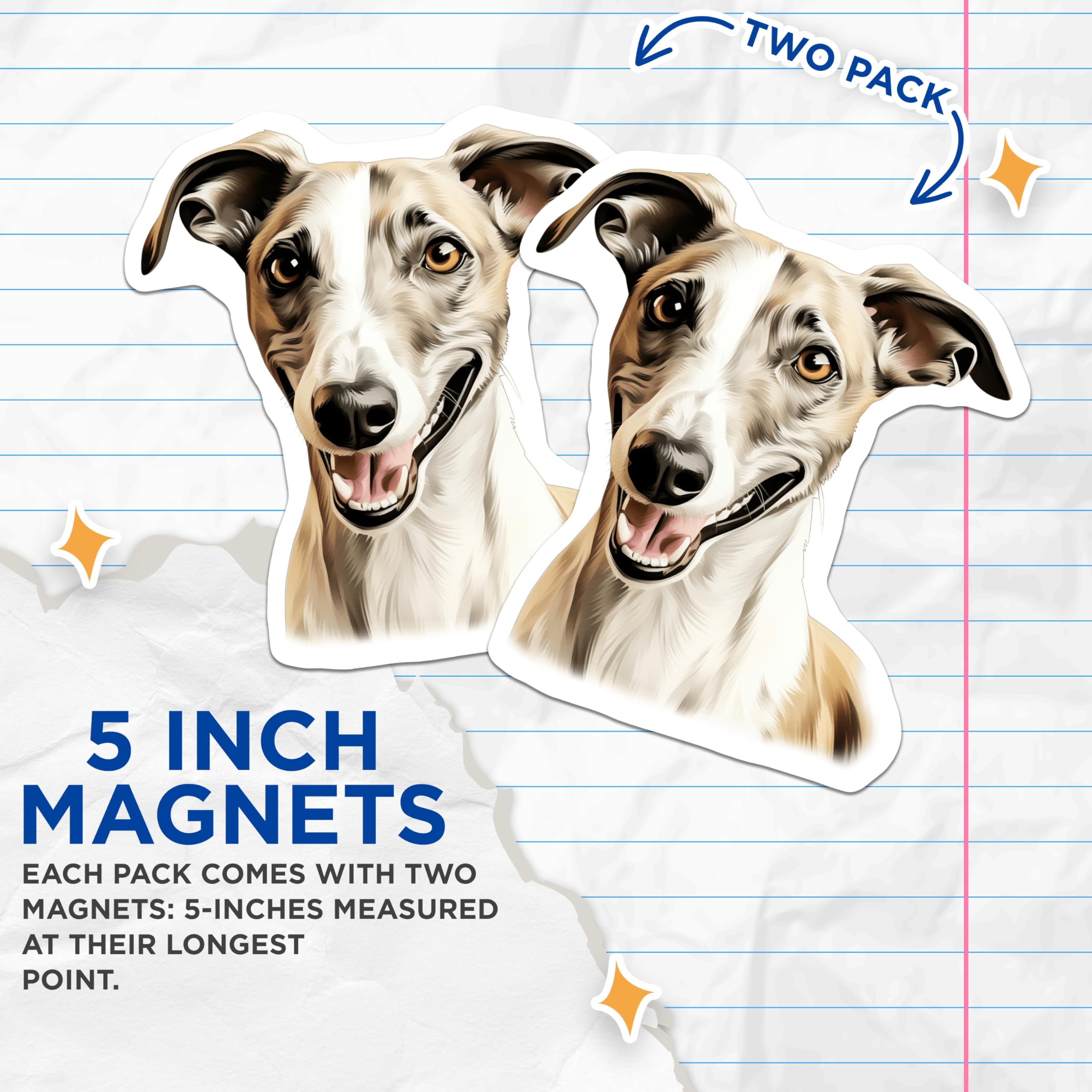 (2 Pack) Whippet Dog Magnets - Sighthound Pet Lover Decor - Cute Animal Refrigerator Locker Display for Dog Owners - 5 Inches On Longest Side - Thick Durable Magnet - Made in USA - MAG28692