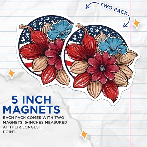 (2 Pack) Patriotic Flower Magnets Magnets - American Flag Floral Decor - Rustic Home Accent - 5" On Longest Side - Made in USA - Sticks to Refrigerators & Metal Surfaces - MAG8986