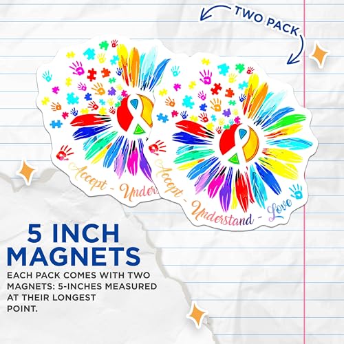 (2 Pack) Autism Awareness Ribbon Magnets - Colorful Feather Hand Print Magnets - Autism Acceptance Magnets - 5" On Longest Side - for Cars, Refrigerators, Toolboxes, Lockers - Made in USA BMCS3349