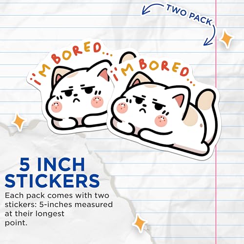 (2 Pack) I'm Bored Cat Stickers - Cute Kitty - Funny Pet for Laptops and Water Bottles - 5" On Longest Side - Sticks to Smooth Flat Surfaces - Made in USA - BMCS7346