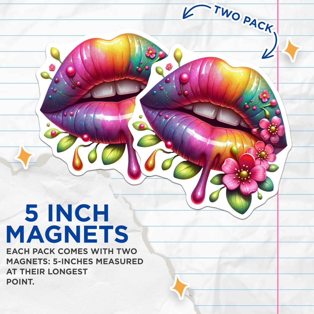 (2 Pack) Rainbow Lips Magnets - Bright Colorful Lips Magnets - Artistic Lips with Flowers Magnets - 5" On Longest Side - for Cars, Refrigerators, Toolboxes, Lockers - Made in USA MAG3570