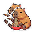(2 Pack) Capybara Eating Noodles Stickers - Cute Animal Stickers - Funny Food Stickers - 5" On Longest Side - Sticks to Smooth Flat Surfaces - Made in USA - BMCS9911
