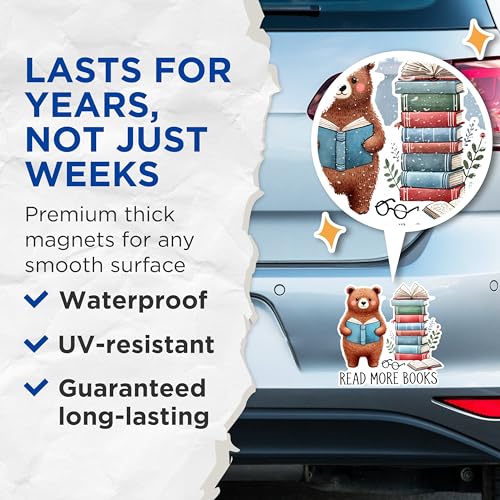 (2 Pack) Cute Bear Reading Magnets - Inspirational Book Magnets - Read More Books Home Office Decor Magnets- 5" On Longest Side - for Fridges, Toolboxes, Cars - Made in USA - MAG2750