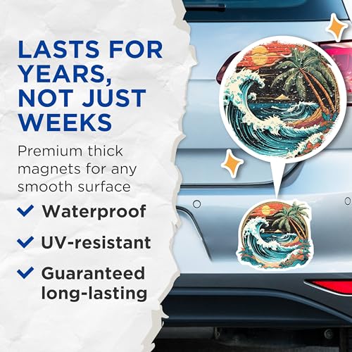 (2 Pack) Ocean Wave Scenic Magnets Magnets - Tropical Beach - Colorful Sun and Palm Trees - 5" On Longest Side - Made in USA - Sticks to Refrigerators & Metal Surfaces - MAG9253