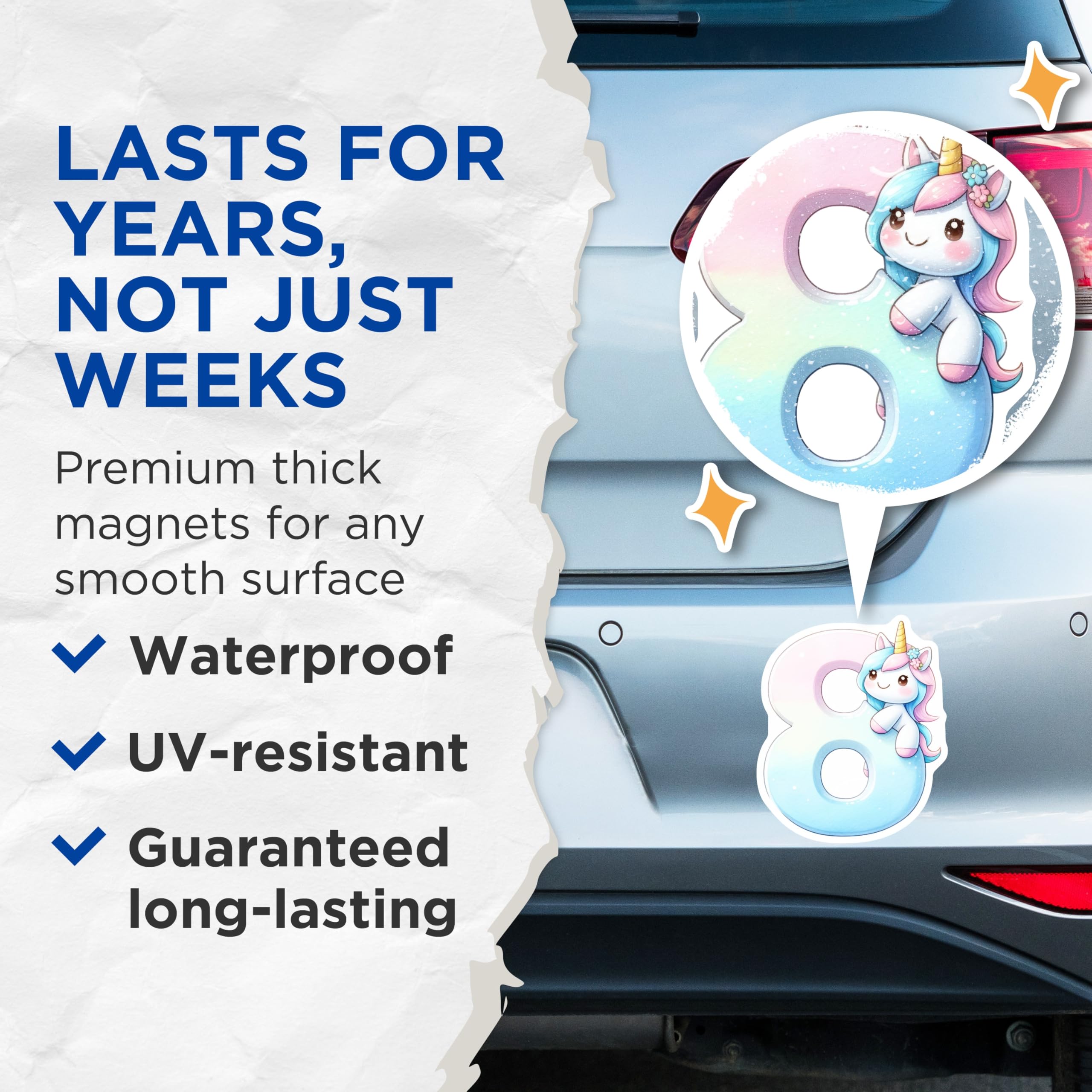(2 Pack) Number 8 Unicorn Magnets - Birthday Age Eight - Pastel Unicorn Decor - 5" On Longest Side - Premium Magnet - for Cars, Refrigerators, Toolboxes, Lockers - Made in USA - MAG14149
