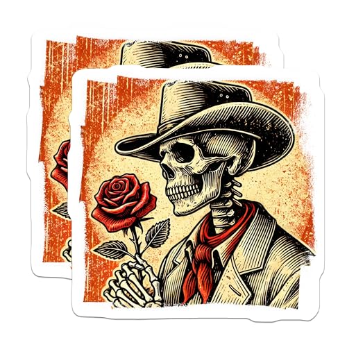 (2 Pack) Skeleton Cowboy Stickers - Western Theme - Vintage Skull Art Stickers - 5" On Longest Side - Sticks to Smooth Flat Surfaces - Made in USA - BMCS5684