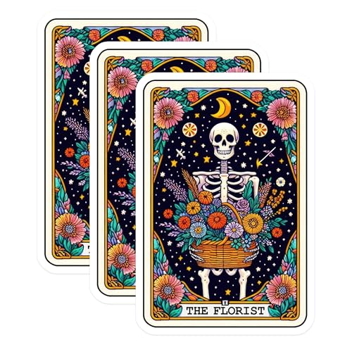 (3 Pack) Florist Skeleton Decals - Tarot Card Art - Floral Skeleton Decal - 3 Inches On Longest Side - Easy Peel & Apply - Made in USA - 3MCS4177