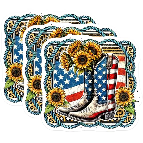 (3 Pack) Cowboy Boots Decals - American Flag - Sunflower Laptop Decal - 3 Inches On Longest Side - Easy Peel & Apply - Made in USA - 3MCS6638