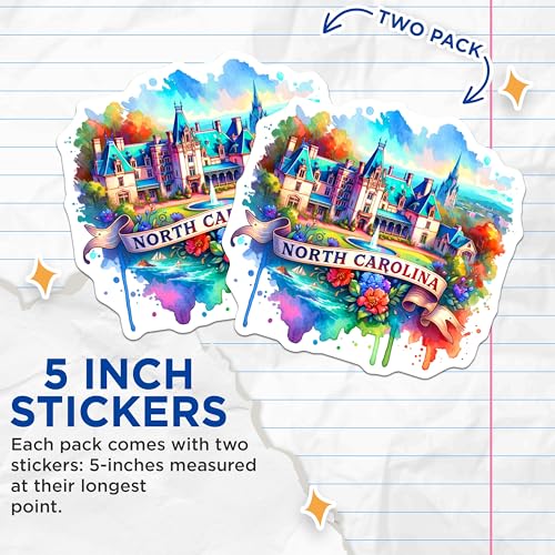 (2 Pack) North Carolina Landmark Stickers - Colorful Watercolor Art - State Pride Travel Sticker - 5" On Longest Side - Sticks to Smooth Flat Surfaces - Made in USA - BMCS6985