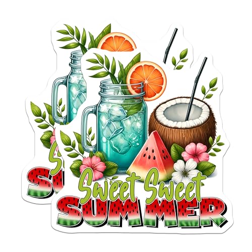 (2 Pack) Sweet Sweet Summer Stickers - Summer Vacation - Tropical Drink - Watermelon Coconut - 5" On Longest Side - Sticks to Smooth Flat Surfaces - Made in USA - BMCS8313
