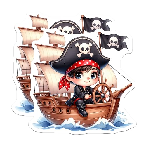 (2 Pack) Cute Pirate Stickers - Pirate Ship Decal - Cartoon Pirate Kids Decoration Stickers - 5" On Longest Side - Sticks to Smooth Flat Surfaces - Made in USA - BMCS6406