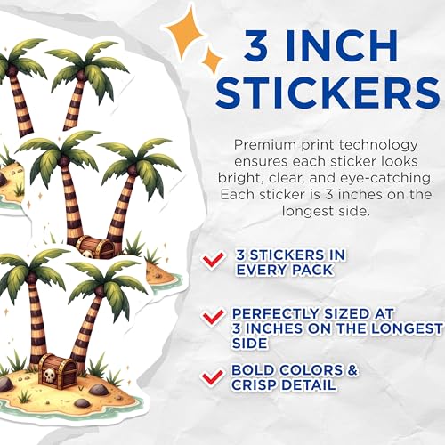 (3 Pack) Treasure Island Decals - Tropical Laptop Decal - Pirate Skull Decal- 3 Inches On Longest Side - Easy Peel & Apply - Made in USA - 3MCS5561