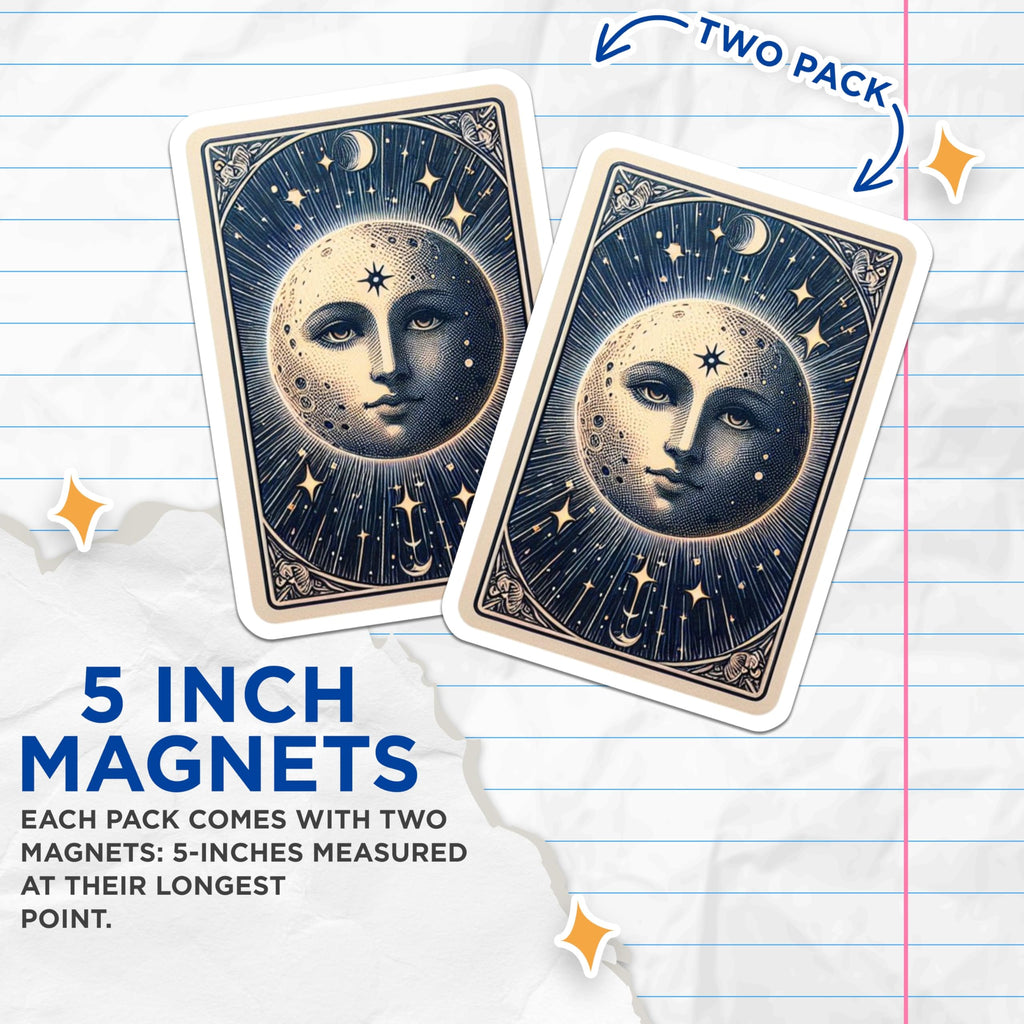 (2 Pack) Moon Face Magnets - Celestial Starry Night Sky Decor - Mystical Tarot Card Art - Esoteric Spiritual Fridge Magnets - 5 Inches On Longest Side - Thick Durable Magnet - Made in USA - MAG20622