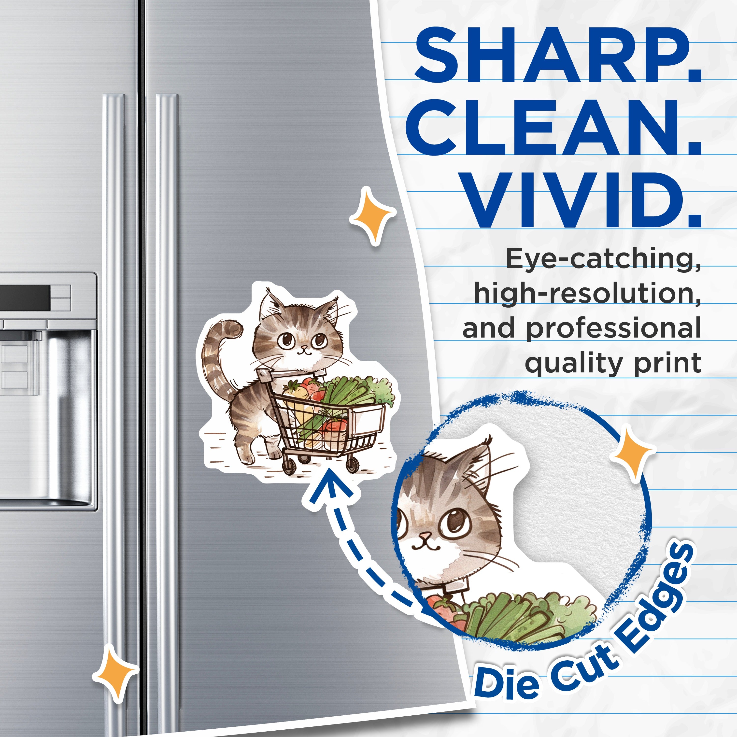 (2 Pack) Cat Grocery Shopping Magnets - Cute Animal Fridge Decor - Whimsical Kitty Shopper Art - 5 Inches On Longest Side - Thick Durable Magnet - Made in USA - MAG37528