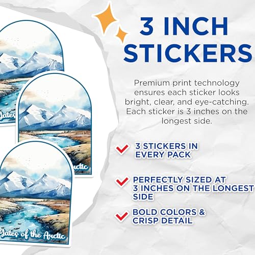 (3 Pack) Gates of The Arctic Decals - National Park Decals - River and Mountain Stickers - 3 Inches On Longest Side - Easy Peel & Apply - Made in USA - 3MCS0400
