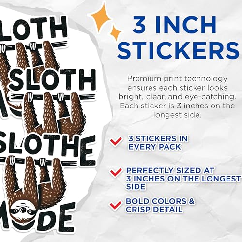 (3 Pack) Sloth Mode Decals - Funny Sloth Decal - Laptop Decal - 3 Inches On Longest Side - Easy Peel & Apply - Made in USA - 3MCS1558