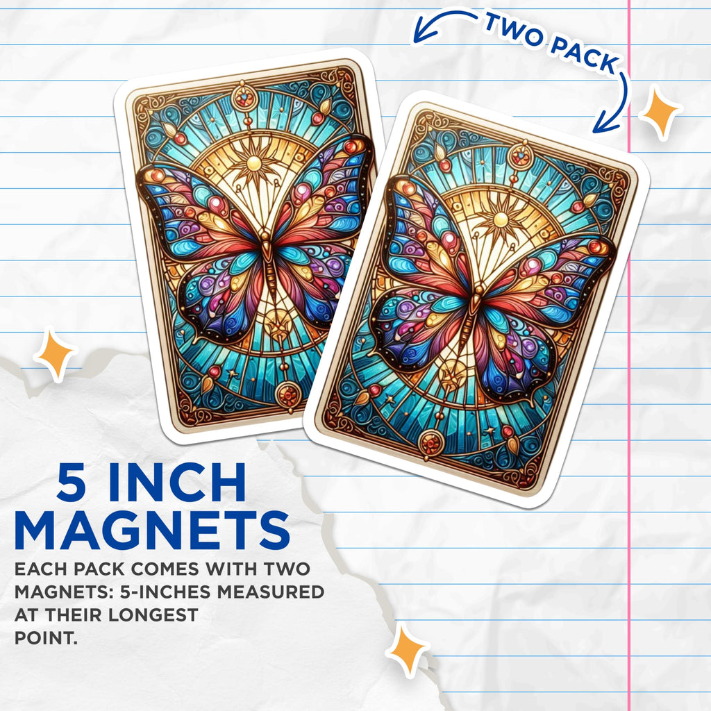 (2 Pack) Stained Glass Butterfly Magnets - Vibrant Mosaic Decor - Artistic Refrigerator Art - 5 Inches On Longest Side - Thick Durable Magnet - Made in USA - MAG22316