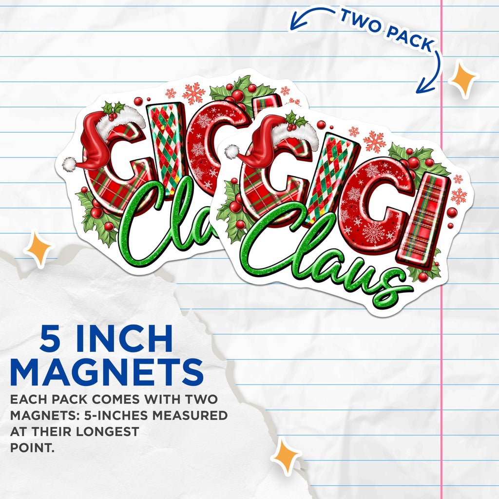 (2 Pack) Gigi Claus Magnets - Personalized Grandma Holiday Decor - Festive Plaid Santa Hat - Winter Refrigerator Magnets - 5 Inches On Longest Side - Thick Durable Magnet - Made in USA - MAG24039