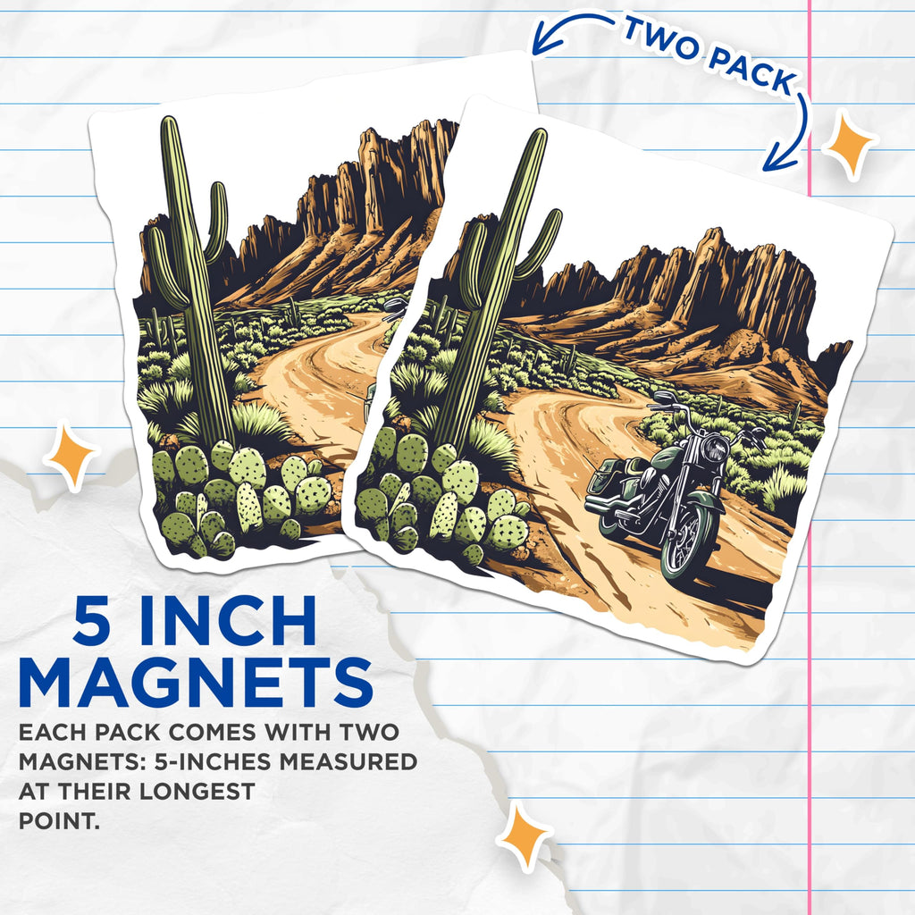 (2 Pack) Motorcycle Desert Magnets - Cactus Landmark Ride - Southwest Vibes Home Decor - 5" On Longest Side - Premium Magnet - for Cars, Refrigerators, Toolboxes, Lockers - Made in USA - MAG18842