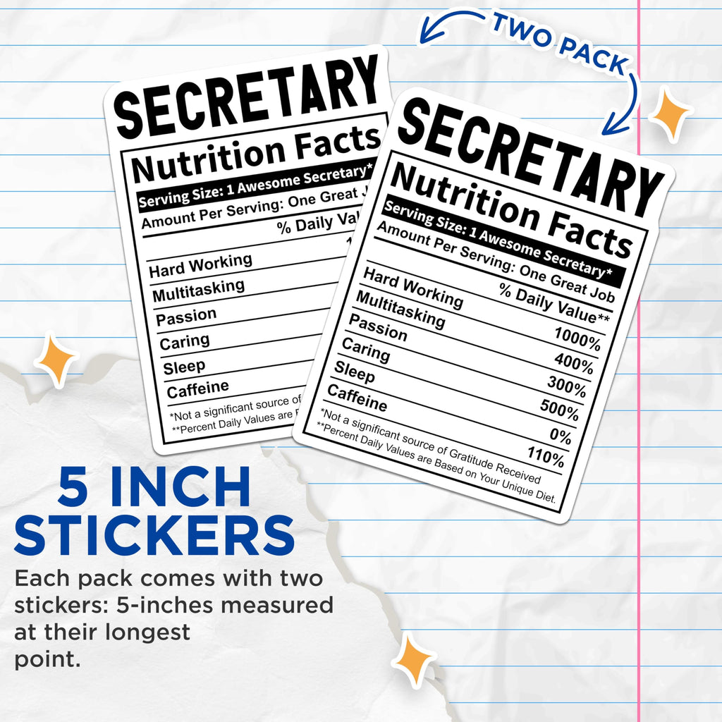 (2 Pack) Secretary Nutrition Facts Stickers - Funny Office Stickers - Humorous Secretary Appreciation Stickers - 5" On Longest Side - Sticks to Smooth Flat Surfaces - Made in USA - BMCS5029