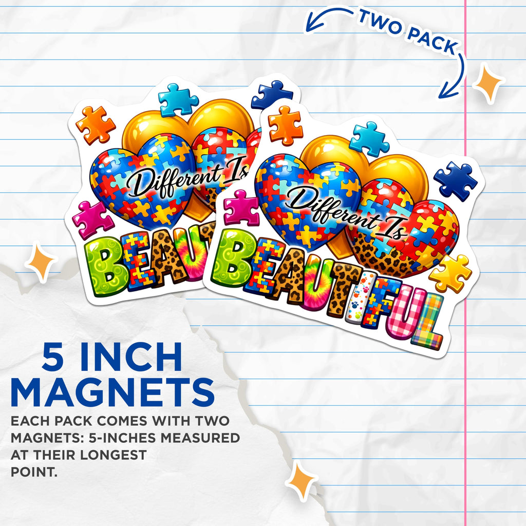 (2 Pack) Different is Beautiful Magnets - Autism Acceptance - Neurodiversity Awareness Art - Colorful Puzzle Decor - 5 Inches On Longest Side - Thick Durable Magnet - Made in USA - MAG25613
