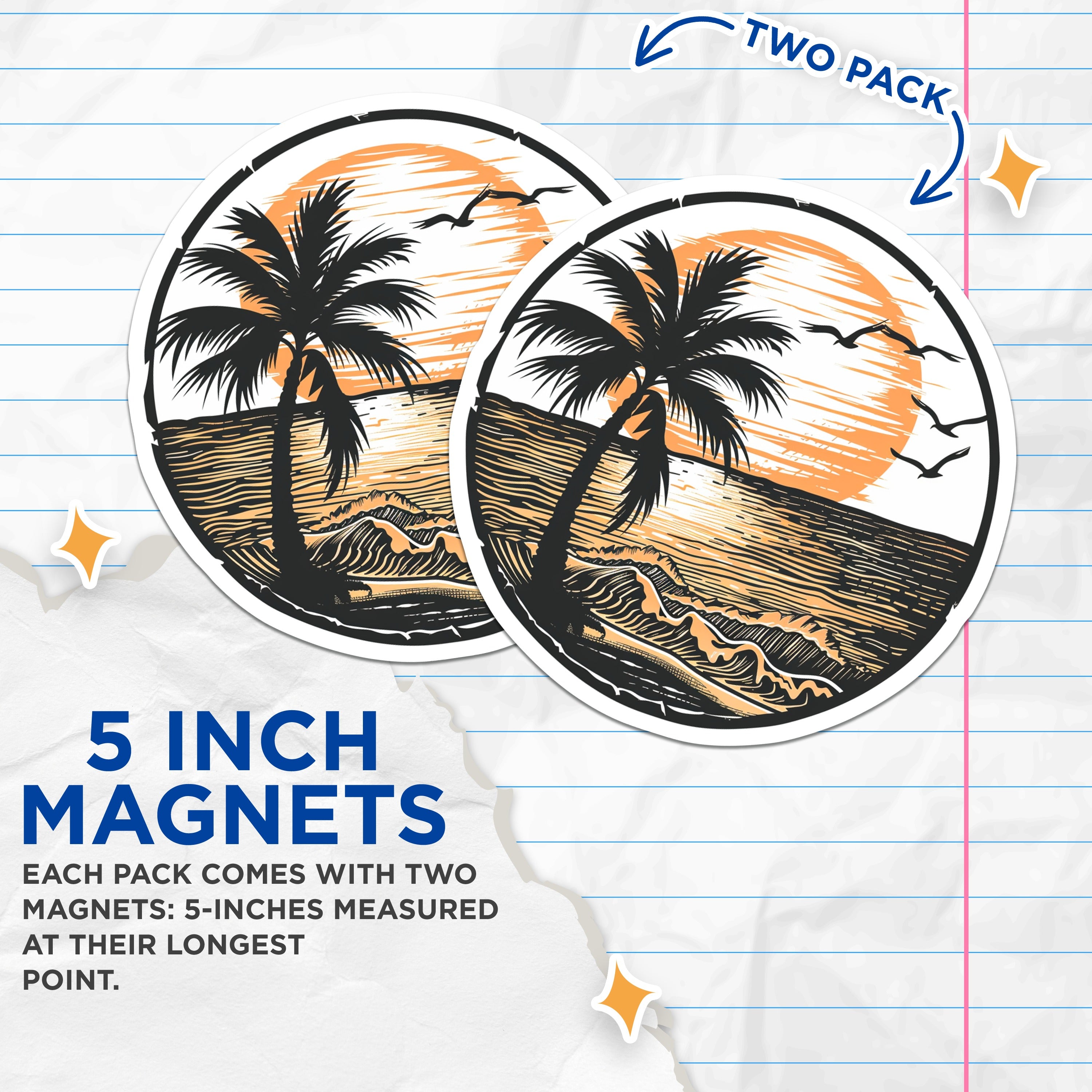 (2 Pack) Palm Tree Sunset Magnets - Coastal Beach Scene - Ocean Waves Tropical Decor - Vacation Memory Fridge Accessory - 5 Inches On Longest Side - Thick Durable Magnet - Made in USA - MAG38041