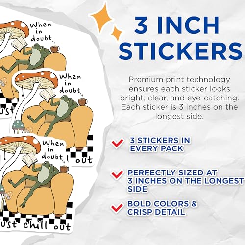 (3 Pack) Frog Reading Decals - Chill Frog - Mushroom Decor - 3 Inches On Longest Side - Easy Peel & Apply - Made in USA - 3MCS4705