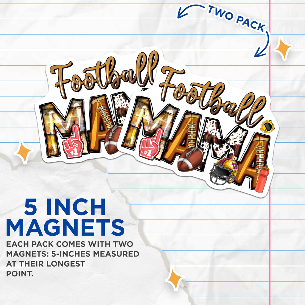 (2 Pack) Football Mama Magnets - Sports Mom Refrigerator Decor - Game Day Accessory - Team Parent Supporter - 5 Inches On Longest Side - Thick Durable Magnet - Made in USA - MAG26440