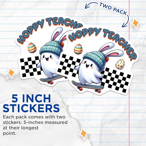 (2 Pack) Hoppy Teacher Stickers - Bunny Skateboarding - Easter Egg - Fun Teacher Appreciation - 5" On Longest Side - Sticks to Smooth Flat Surfaces - Made in USA - BMCS8146