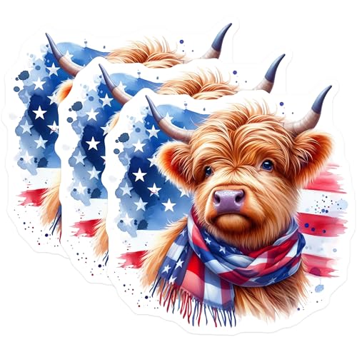 (3 Pack) Highland Cow Decals - Patriotic American Flag - Cute Animal Laptop Decal- 3 Inches On Longest Side - Easy Peel & Apply - Made in USA - 3MCS5105