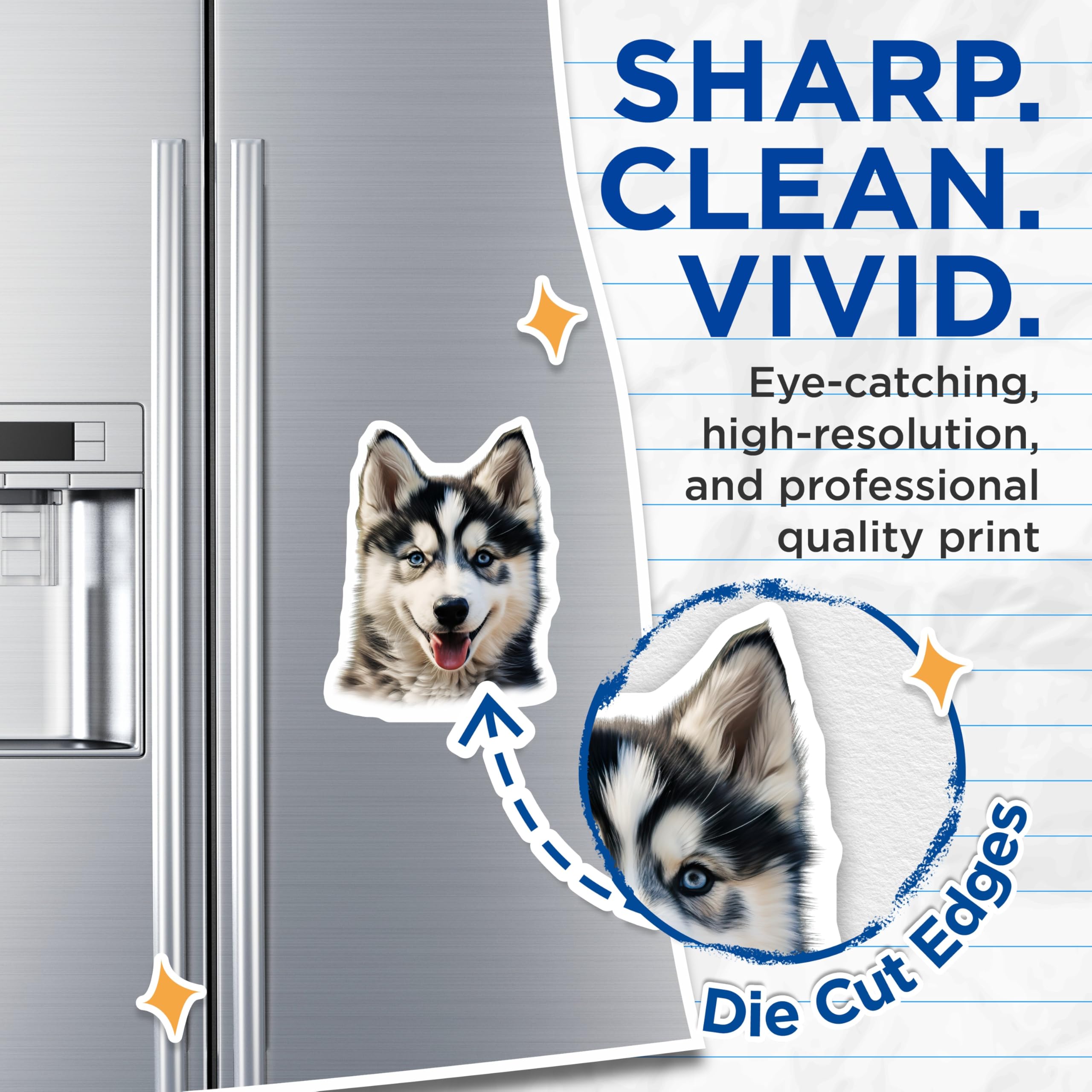 (2 Pack) Siberian Husky Puppy Magnets - Adorable Blue Eyed Dog Decor - Animal Lover Fridge Accent - 5 Inches On Longest Side - Thick Durable Magnet - Made in USA - MAG23626