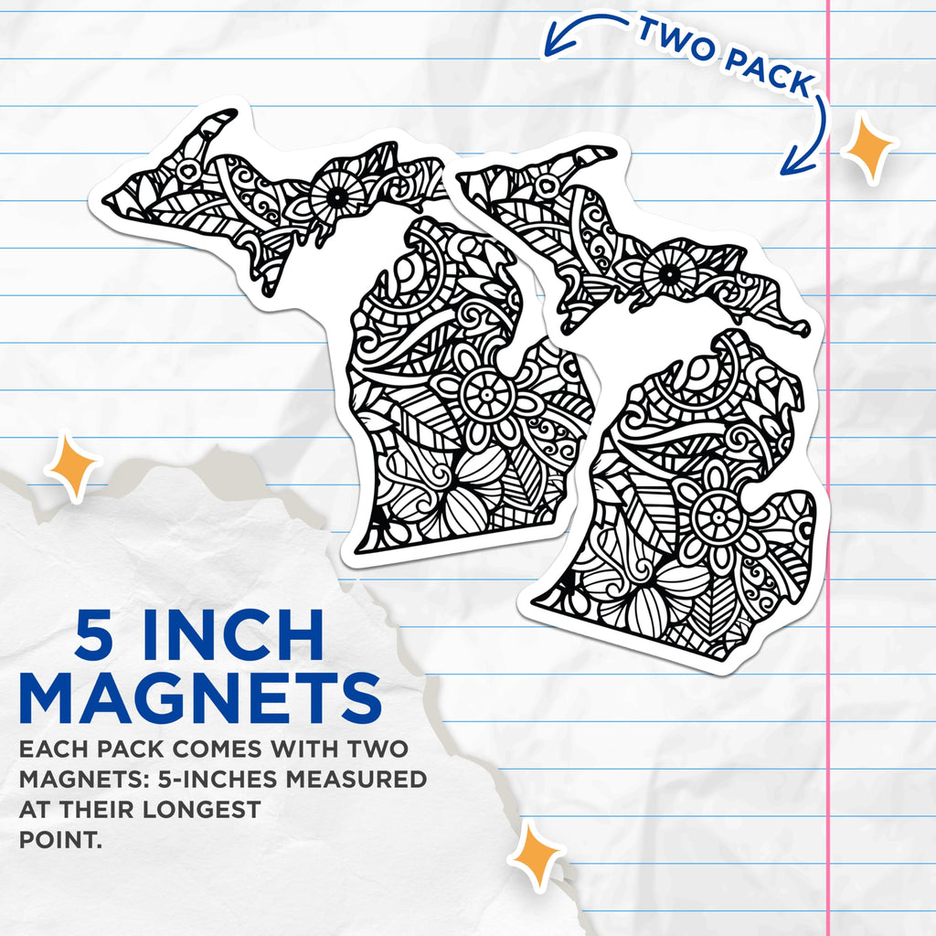 (2 Pack) Michigan State Outline Magnets - Mandala Art Home Decor - Great Lakes State Souvenir - 5 Inches On Longest Side - Thick Durable Magnet - Made in USA - MAG19126