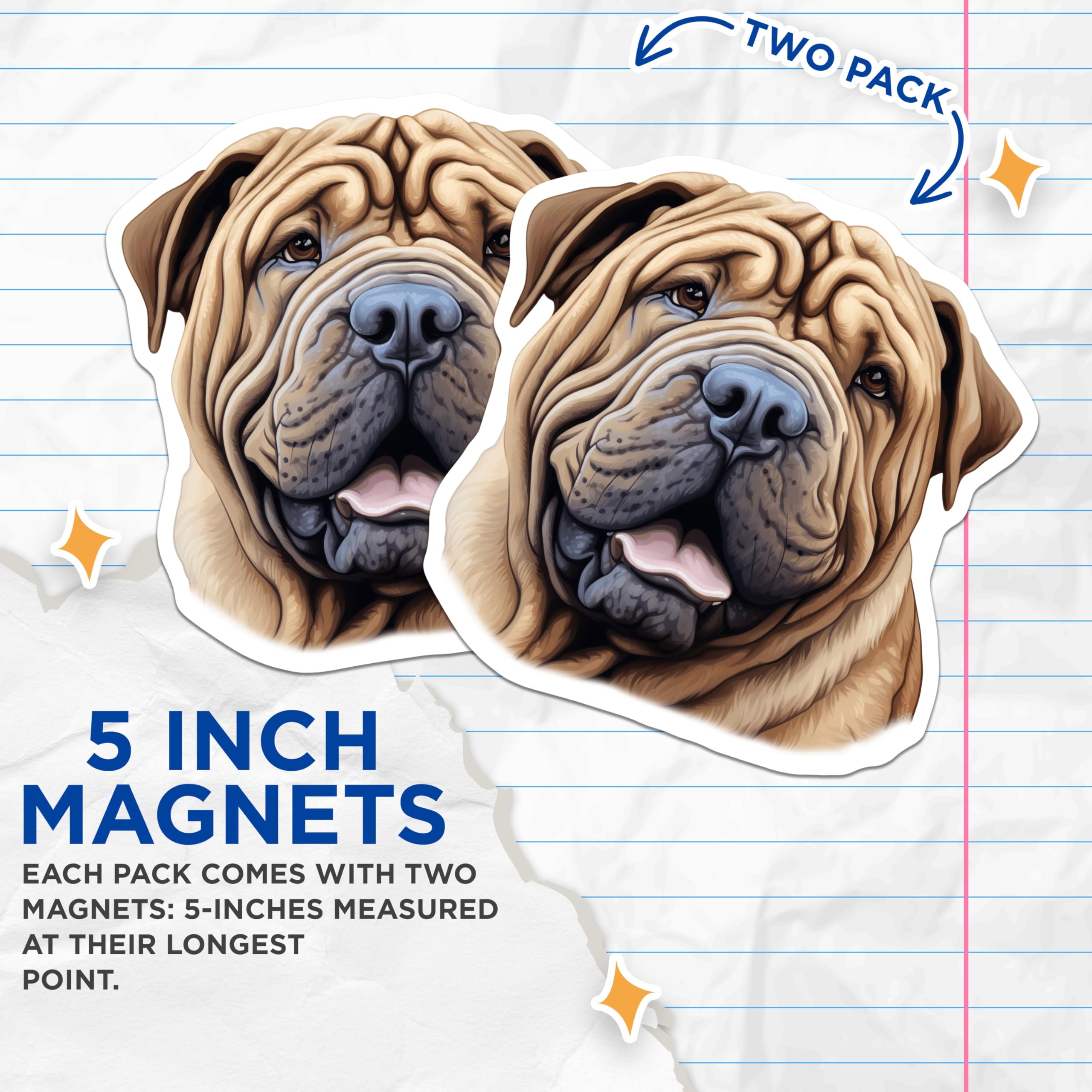(2 Pack) Shar Pei Dog Magnets - Wrinkled Canine Art - Pet Owner Decor - Fridge Locker Display - Dog Lover Accessory - 5 Inches On Longest Side - Thick Durable Magnet - Made in USA - MAG24448