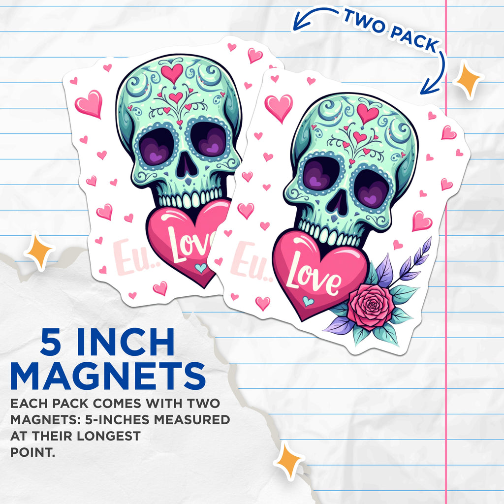 (2 Pack) Sugar Skull Love Magnets - Day of the Dead Art - Romantic Goth Decor - Cute Calavera Refrigerator Magnets - 5 Inches On Longest Side - Thick Durable Magnet - Made in USA - MAG37632
