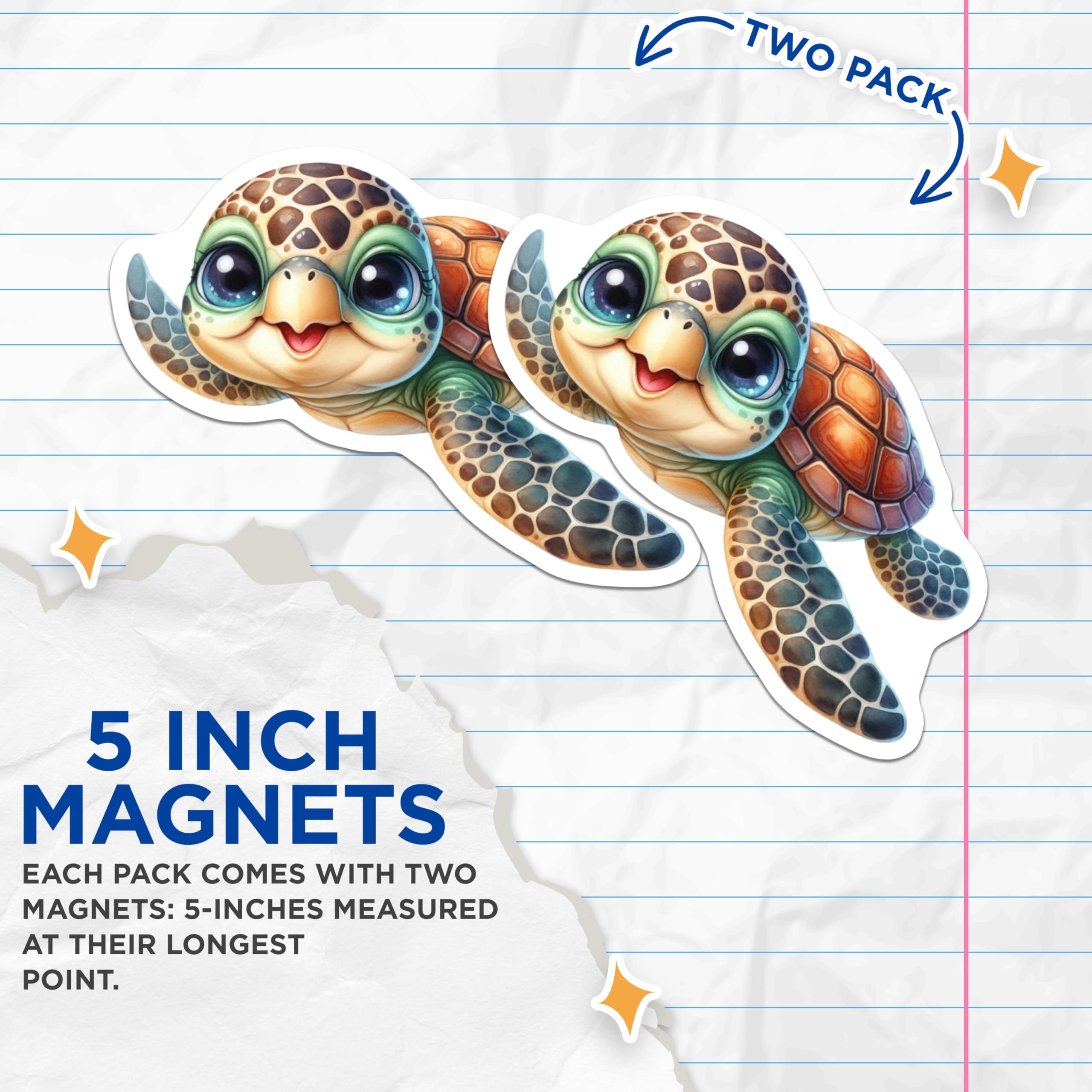 (2 Pack) Cute Sea Turtle Magnets - Baby Ocean Animal Art - Marine Life Refrigerator Decor - 5 Inches On Longest Side - Thick Durable Magnet - Made in USA - MAG21747