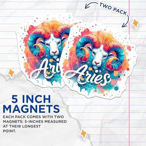 (2 Pack) Aries Horoscope Magnets - Zodiac Decor - Astrology Art Magnets - Horoscope Magnet Set - 5" On Longest Side - for Cars, Fridges, Toolboxes - Made in USA - MAG7225