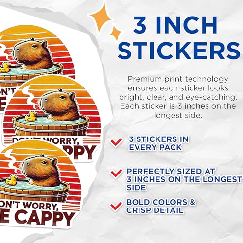 (3 Pack) Capybara Decals - Don't Worry Be Cappy - Hot Tub Animal Stickers - 3 Inches On Longest Side - Easy Peel & Apply - Made in USA - 3MCS0940