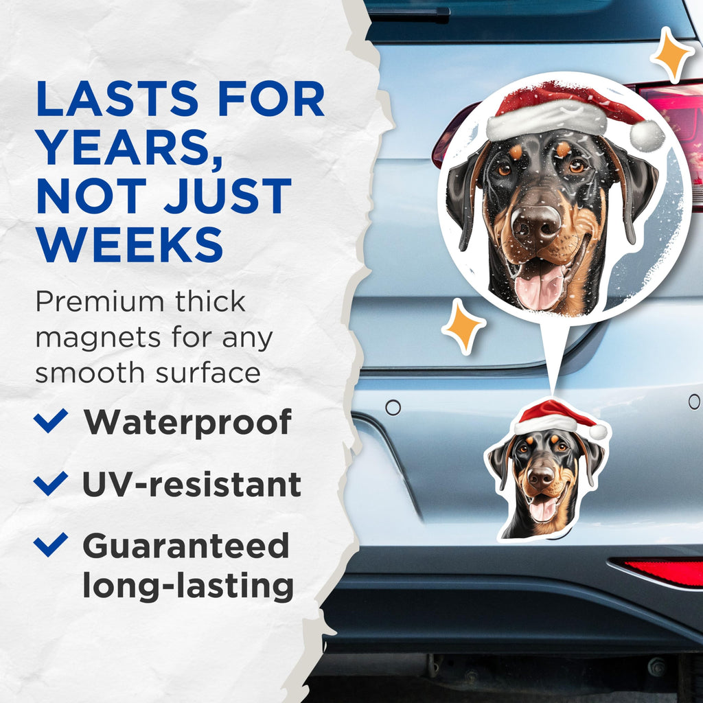 (2 Pack) Doberman Magnets - Christmas Dog Decor - Santa Hat Puppy Magnet - Festive Doberman Pinscher Refrigerator - 5 Inches On Longest Side - Thick Durable Magnet - Made in USA - MAG26216