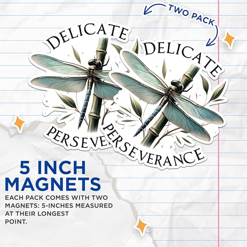 (2 Pack) Dragonfly Nature Magnets - Delicate Perseverance Leaf Magnets - Inspirational Quote Fridge Magnets- 5" On Longest Side - for Fridges, Toolboxes, Cars - Made in USA - MAG2684
