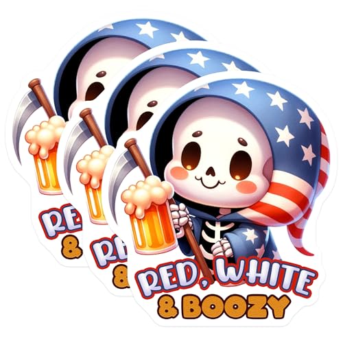 (3 Pack) Red White Boozy Decals - Patriotic Grim Reaper - American Flag Beer Lover - 3 Inches On Longest Side - Easy Peel & Apply - Made in USA - 3MCS6671