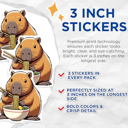 (3 Pack) Capybara Decals - Ramen Lover - Laptop Decal - Funny Animal Decals - 3 Inches On Longest Side - Easy Peel & Apply - Made in USA - 3MCS8666