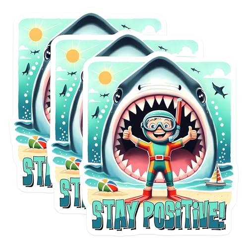 (3 Pack) Shark Attack Decals - Stay Positive - Scuba Diving Decal - 3 Inches On Longest Side - Easy Peel & Apply - Made in USA - 3MCS8446