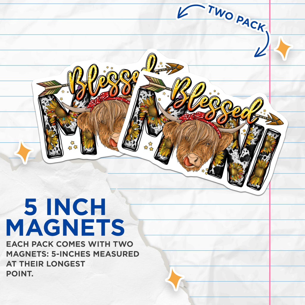 (2 Pack) Blessed MMI Highland Cow Magnets - Sunflower Bandana Cow Print Design - Western Farmhouse Kitchen Decor - 5 Inches On Longest Side - Thick Durable Magnet - Made in USA - MAG24321