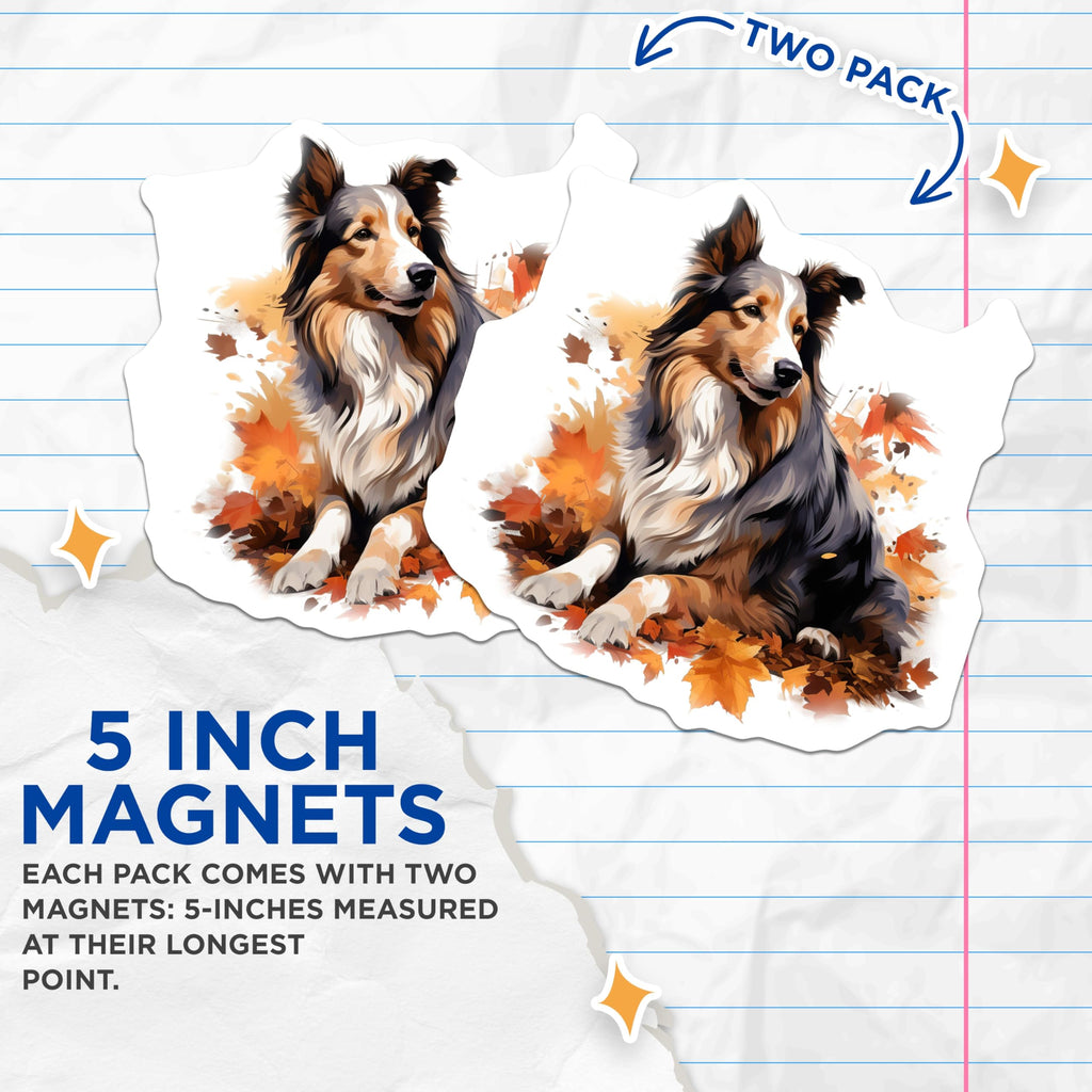 (2 Pack) Shetland Sheepdog Magnets - Autumn Fall Leaves Decor - Dog Lover Car Refrigerator Magnet - 5 Inches On Longest Side - Thick Durable Magnet - Made in USA - MAG28772
