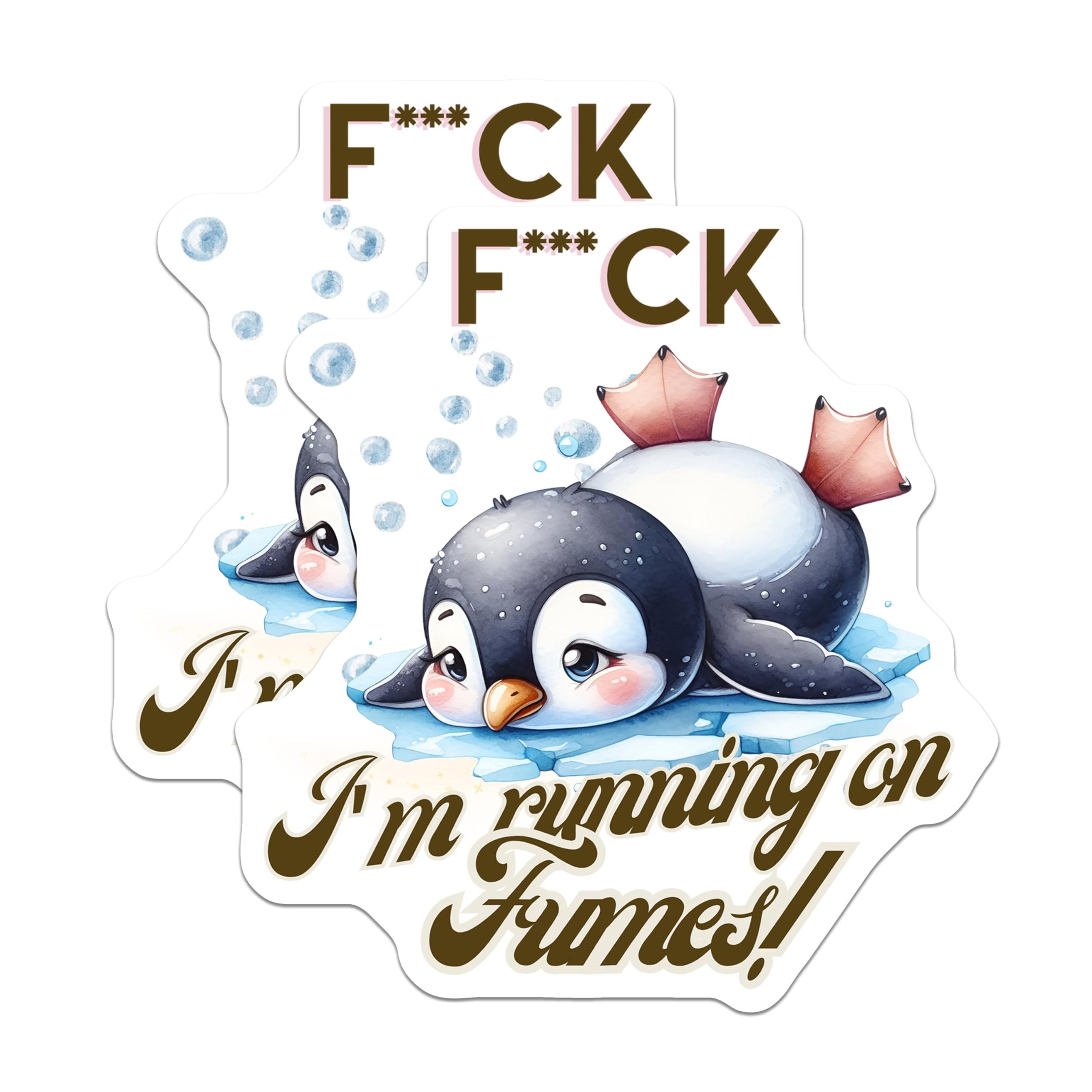 (2 Pack) Penguin Funny Stickers - I'm Running on Fumes Decal - Cute Exhausted Animal Humor Sticker - 5" On Longest Side - Sticks to Smooth Flat Surfaces - Made in USA - BMCS6621