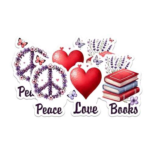 (2 Pack) Peace Love Books Stickers - Book Lover Stickers - Floral Peace Sign Stickers - 5" On Longest Side - Sticks to Any Smooth Flat Surface - Made in USA - BMCS2755