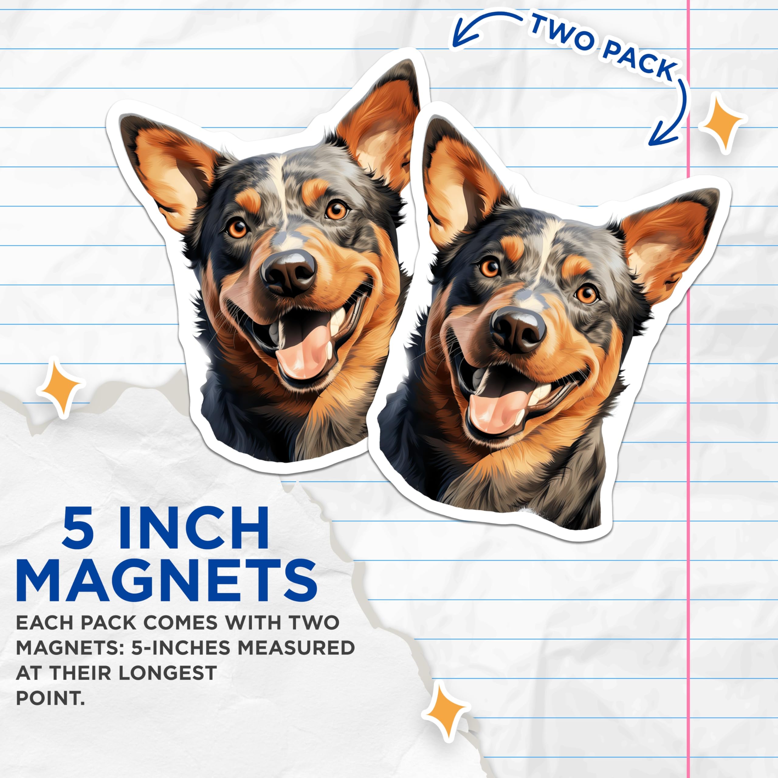 (2 Pack) Australian Cattle Dog Magnets - Blue Heeler Art - Smiling Dog Decor - Dog Mom Dad - 5 Inches On Longest Side - Thick Durable Magnet - Made in USA - MAG29950